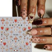 Vintage Baroque Metallic Cross Sacred Heart Nail Stickers, Embossed 3D Self-Adhesive Nail Decals With Shiny Gold Outline & Vivid Red Heart Cross Motifs, Perfect For Luxury Gothic Retro Manicure, Professional Salon Beginner DIY Nail Supplies - Multicolor - View 3