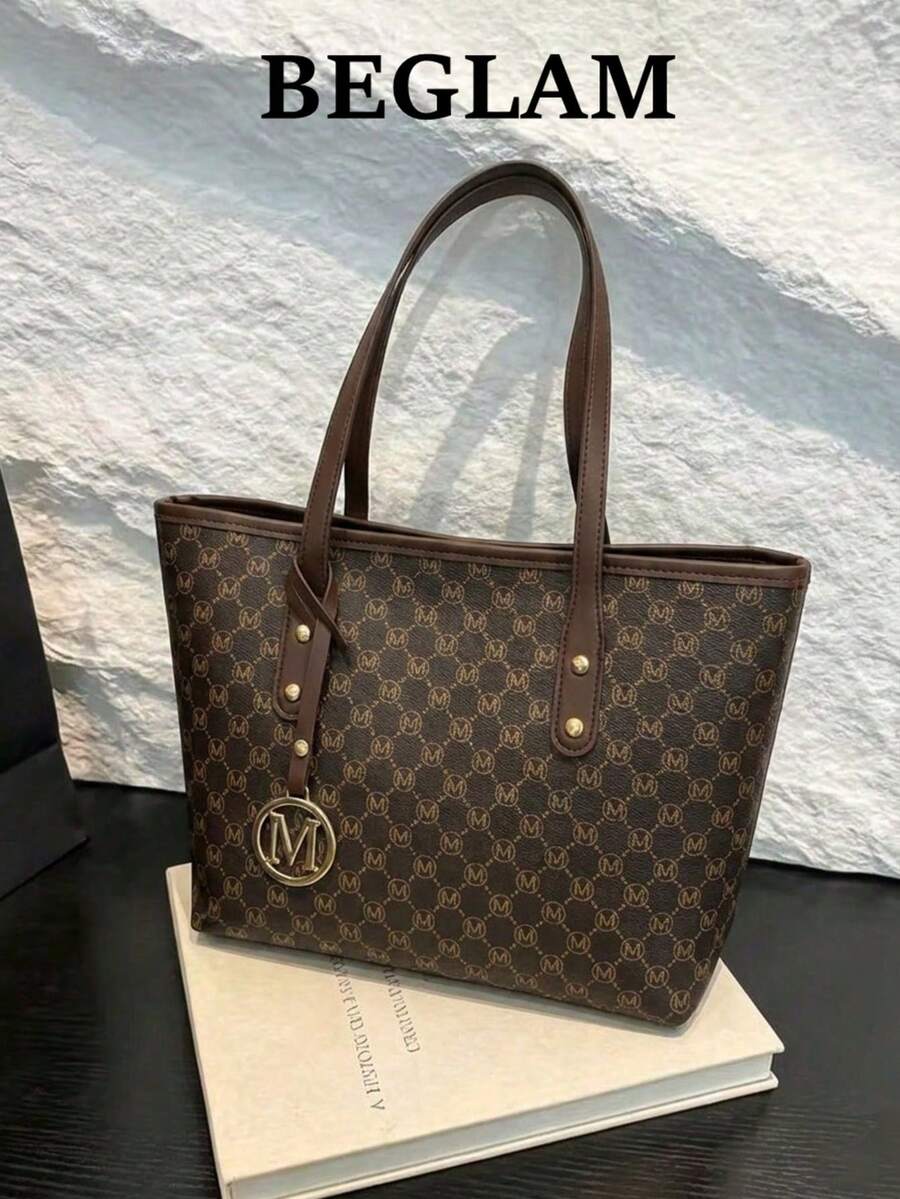 Fashion Solid Color Large Capacity M Letter Print Tote Bag, Metal Decor, Shoulder Bag, Suitable For Women Shopping, Commuting, Daily Use, Suitable For Students Back To School - Coffee - View 1