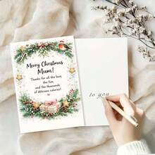 1 Greeting Card + 1 Envelope Warm Festive Christmas Greeting Card, Robin And Gift Box Design "Merry Christmas Mum", For Mother, Winter Holiday Watercolor Style. - View 2