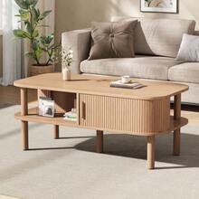 Light Wood Coffee Table 110*55*45cm From MDF, Living Room Table With Rolling Door, Open Compartments Storage - Natural - 查看 1