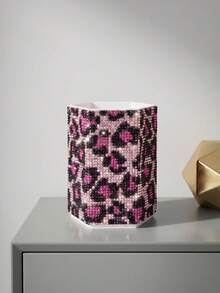 Rhinestone Leopard Print Hexagonal Makeup Brush Holder, Large Capacity, Surface Inlaid With Colorful Rhinestones, Luxury Sparkling Style, Full Rhinestone Pattern, Hexagonal Column Shape, Neat Edge Details, Makeup Tool Container, Suitable For Bedroom Vanity, Makeup Room Desktop And Other Scenes - Multicolor - View 11