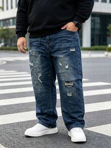 Men Elastic Waist Vintage Ripped Straight Jeans, Multifunctional Non-Stretch Plus Size Distressed Blue Loose Denim Street Pants - Navy Blue - View 5