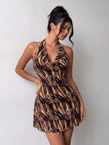 Brown Halter Neck Sleeveless Tie-Back Open Back Mini Dress, Summer Casual Fashion Style, Suitable For Festivals, Vacations, Beach, Outings Party - Brown - View 2