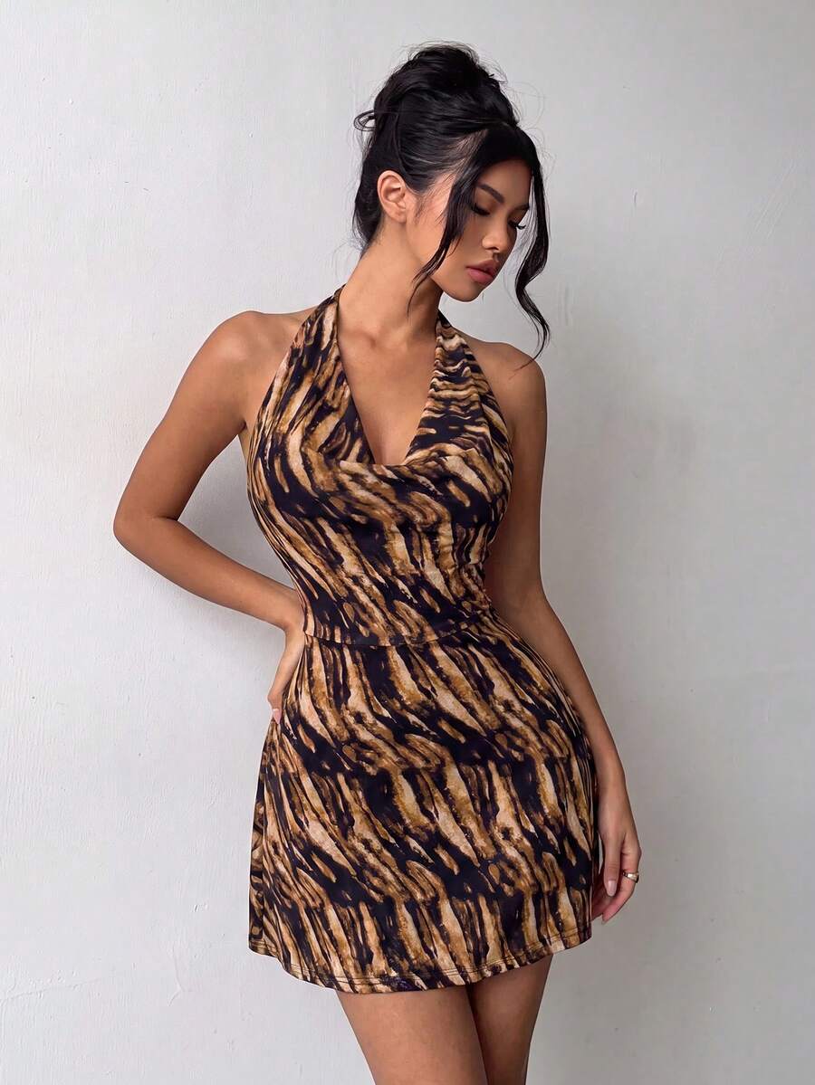 Brown Halter Neck Sleeveless Tie-Back Open Back Mini Dress, Summer Casual Fashion Style, Suitable For Festivals, Vacations, Beach, Outings Party