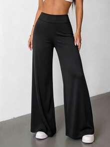 Elastic High-Waist Tummy Control Wide Leg Pants, Comfortable And Pressure-Free, Back V-Shape + Center Pleats For Butt Lifting And Shaping, Pleated Design For Peach Butt, Suitable For Yoga, Fitness, Commute, Casual And Multiple Occasions, All-Season Straight Leg Pants, Perfect Match With Various Tops - Fashionable And Versatile - Black - View 3