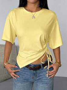 تي شيرت نسائي كاجوال بسيط للربيع والصيف، بياقة دائرية وتصميم غير متماثل مع رباط، بقصة فضفاضة، مناسب للتنقل اليومي والمواعيد - أصفر - مشاهدة 8