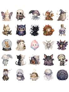 TOM AND JERRY. 50pcs Watercolor Gothic Style Halloween Cute Monster Waterproof Stickers, Ghost Bat Pumpkin Witch Doll Dragon Pattern Stickers, Suitable For Water Bottle Notebook Planner Luggage Phone Case - Multicolor - View 7