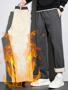 Men's Wool Lined Straight Leg Winter Pants, Elastic Drawstring Waist, Zipper Side Pockets, Thickened Warm Sports Pants, Casual Cold-Proof Trousers - Dark Grey - View 1