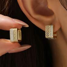 1 Pair Gold-Plated Double-Sided Earrings, Honeycomb Mesh & Double-Row Cubic Zirconia Square Clip-On Earrings, Elegant Daily Party Women's Jewelry - White - View 1
