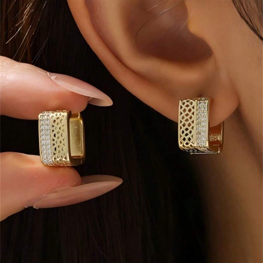 1 Pair Gold-Plated Double-Sided Earrings, Honeycomb Mesh & Double-Row Cubic Zirconia Square Clip-On Earrings, Elegant Daily Party Women's Jewelry - White - View 1