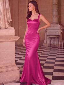 Basrey Elegant Solid Color Sleeveless Mermaid Tail Bridesmaid Dress Wedding Spring - Hot Pink - View 3