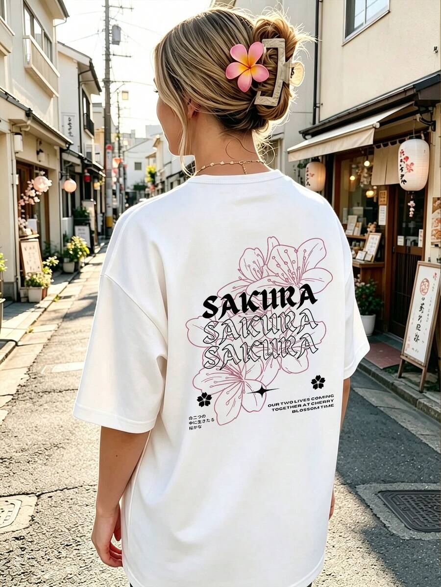 Plus Size Minimalist Japanese-Style Casual White Short-Sleeve T-Shirt With A Romantic Cherry Blossom And Letter Print-Perfect For Summer. Vacation - White - View 1
