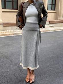 Elegant Women's Knitted Midi Dress, Grey Medium Stretch Fabric, Decorated With Exquisite Lace Hem, Autumn Fashion Choice - Grey - View 6