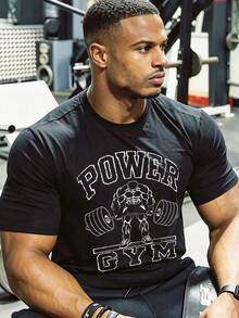 Men's Strength Gym Barbell Print Short Sleeve Crew Neck Fitness T-Shirt Sports Black Summer - Black - View 1