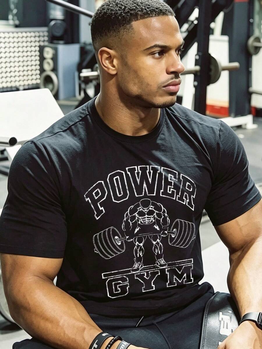 Men's Strength Gym Barbell Print Short Sleeve Crew Neck Fitness T-Shirt Sports Black Summer - Black - View 1