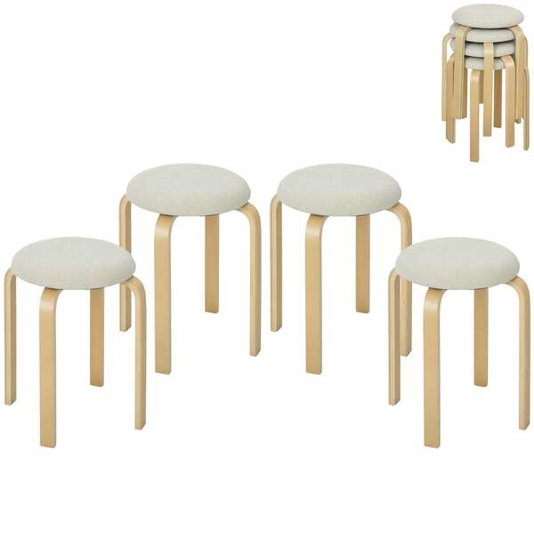 Set di 4 sgabelli imbottiti, impilabili, superficie laccata, gambe in legno, bianco crema
