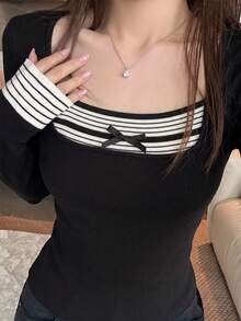 Autumn/Winter Casual Korean Sweet Style Square Collar Striped Bow Knit Sweater, Warm Gentle Elegant Versatile Base Layer Black - Black - View 4