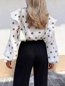 Vintage Polka Dot Print Blouse, Loose Chiffon Lantern Sleeve, Ruffle Trim, Sheer Button-Up Blouse, Street Style, Beach Vacation Summer White - White - View 4