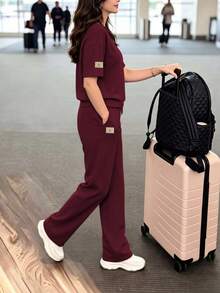 女款休閒兩件套，圓領T恤搭配微彈性長褲，舒適居家服套裝，附口袋，優雅夏季款 - 酒紅色 - 查看 4
