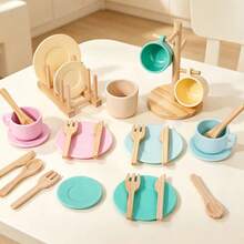 27pcs Wooden Children's Play Kitchen Utensils Set, Includes Plates, Bowls, Storage Rack And Realistic Food, 3-5 Years Old Kids Simulated Cooking Toy, Educational Gift - Multicolor - View 12
