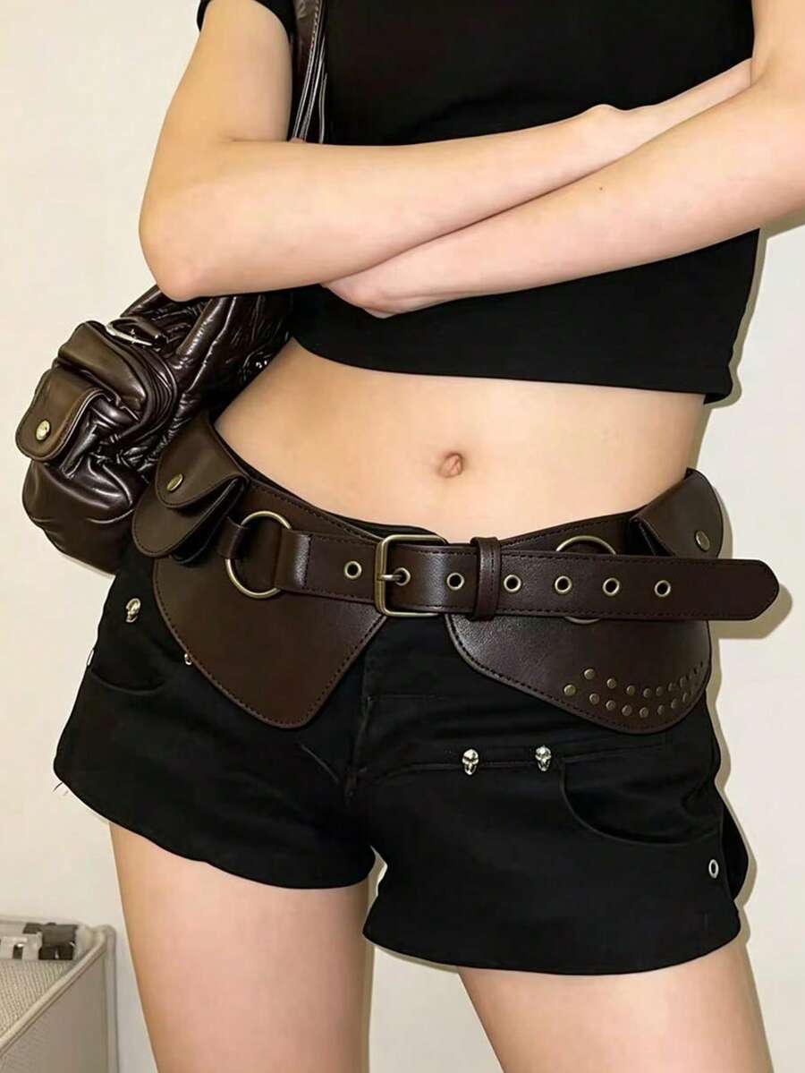 Y2K Punk Wide Waist Belt, Women's Brown Faux Leather Corset Belt With Rivet Details & Utility Pockets, Perfect For Festival Outfits & Daily Wear - Multicolor - View 1