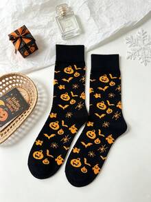 1 Pair Black Base Orange Pattern Halloween All-Over Print Mid-Calf Socks, Pumpkin Bat Spider Goblin Fun Print Party Atmosphere Unisex Slouch Socks - Multicolor - View 4