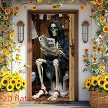 1pc Halloween Scary Skeleton Toilet Door Banner, Halloween Party Decoration, Halloween Horror Decor, Polyester Fabric, Suitable For Halloween, Haunted House, Indoor/Outdoor, Yard, Garden, Bathroom, Porch, Door Decoration - A - View 7