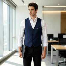 Navy Blue Structured Cut Dress Waistcoat Accented Pocket Trim Functional Side Patch Pockets Size XS-XXXL - 藏蓝色 - 查看 2