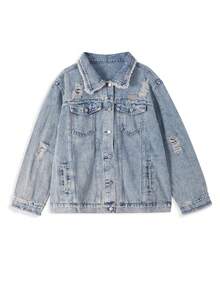 Women's Frayed Hem Drop Shoulder Long Sleeve Denim Jacket - Light Wash - View 7