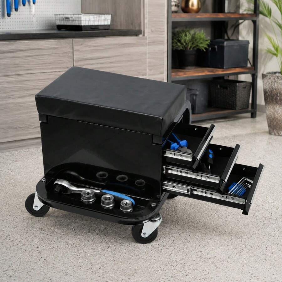 Littleox Rolling Creeper Garage Seat With 3 Drawers, 350 Lbs Capacity Mechanic Stool With Storage For Shop Garage, Black - Default - View 1