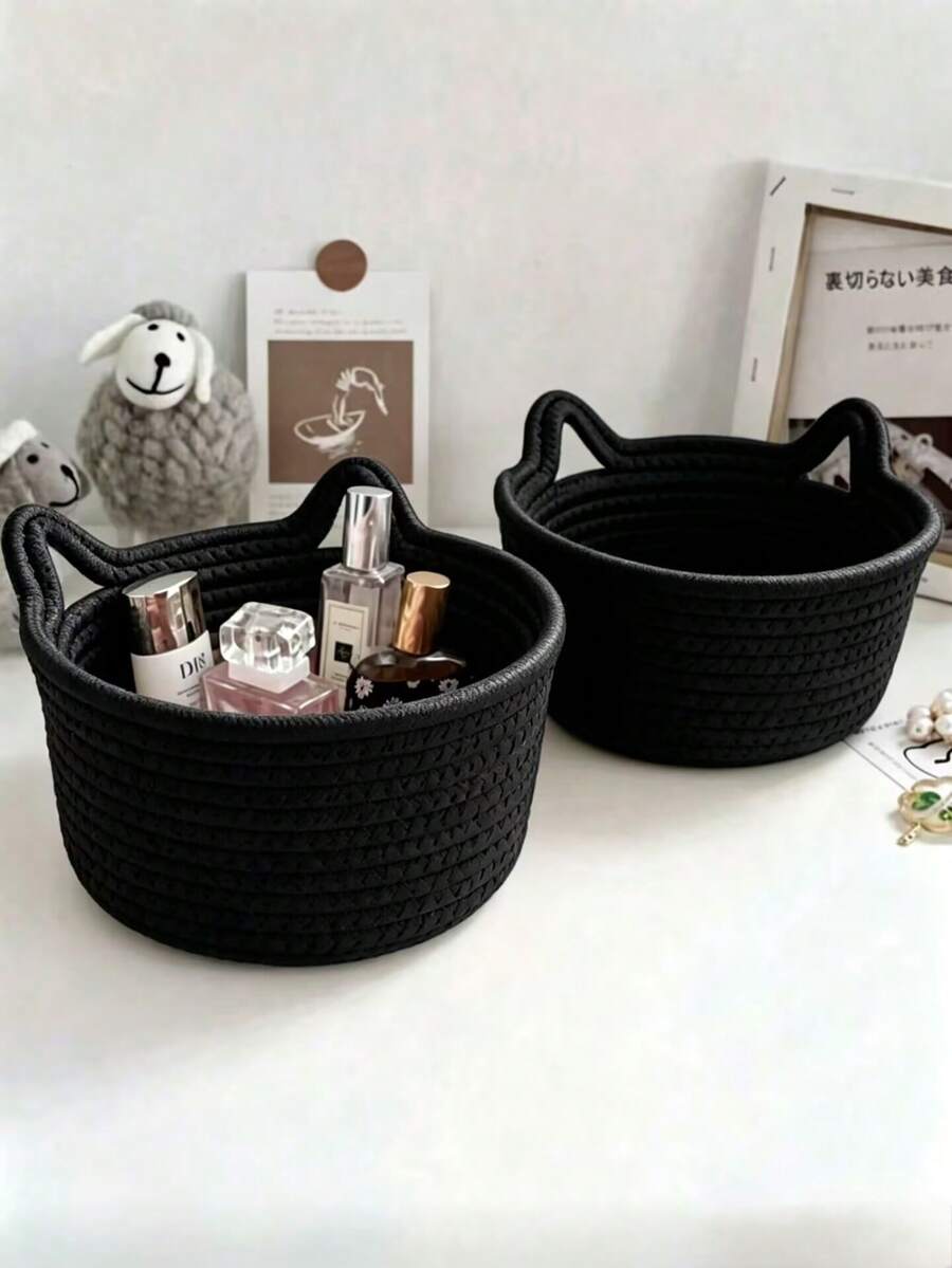 1pc/3pcs Cat Ear Design Hand-Woven Desktop Storage Basket, Modern Home Fabric Storage Basket, Suitable For Living Room, Bedroom, Desk, Bathroom, Bedside Table, Hallway, Cosmetic Storage Basket, Bathroom Storage Basket, Home Storage Box