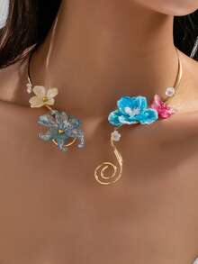 1 Stück zartrosa Farbverlauf Blumen asymmetrischer Schmetterling Blumen Spirale offener Hals Kragen Nischen Urlaub Schlüsselbein Halskette - Blumenhalsband - Übersicht 6