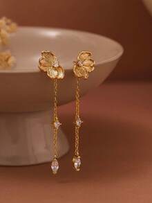 Brincos Florais Femininos, Brincos de Corrente Personalizados Requintados, Brincos Pendentes Longos Banhados a Ouro 14K, Brincos Pendentes de Ouro Únicos, Joias de Ouro - Dourado - Visão 4