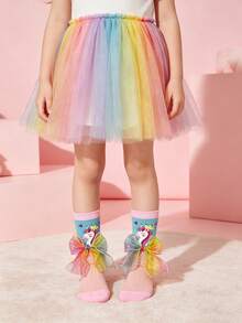 1 Pair Girls Sweet Cute Rainbow Bow Decorated Calf Socks, Cartoon Pony Pattern Design Mid-Calf Socks, Suitable For Girls Spring Autumn Transition Seasons, Versatile Design Girls Student Socks - Multicolor - View 4