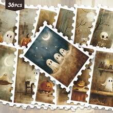 36pcs Vintage Halloween Ghost Pumpkin Postage Stamp Style Stickers, Antique Matte Tone, Spooky Cute Ghost, Full Moon, Jack-O'-Lantern, Mushroom, Bat Window House Decoration Design, Suitable For Junk Journal, Planner, Notebook, Photo Album DIY Craft Materials - A - View 6