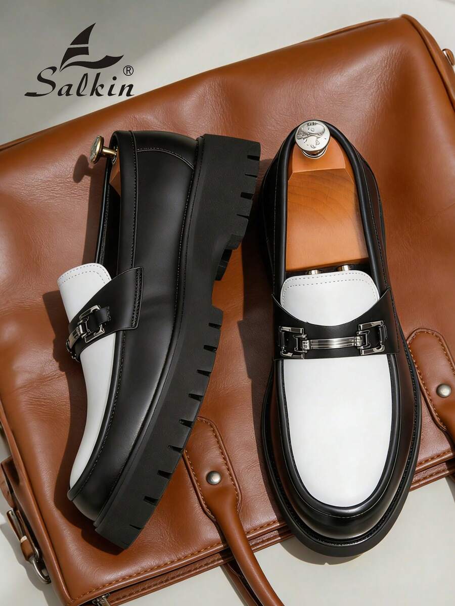 Salkin 新款英式設計男士粗齒厚底樂福鞋,平價奢華厚底一腳蹬樂福鞋,柔軟舒適圓頭優雅正裝皮鞋,紳士老錢風商務休閒日常鞋,男士情侶約會出遊百搭派對宴會婚禮度假禮物,四季款男鞋,建議選擇大一號 - 黑與白 - 查看 1