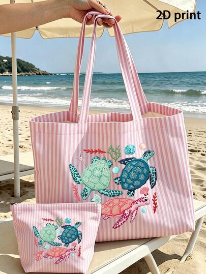 Vintage Pink And White Striped Tote Bag With Funny Turtle Pattern, 2D Print, Non-Embroidered, Marine Life Theme, Large Capacity Canvas Tote Bag For Women, Spacious Multifunctional Shoulder Bag With Storage Pouch, Suitable For Travel, Shopping And Daily Use - Bright Pink And White Striped, Machine Washable, No Seal - Suitable For Women, Girls, Teens, Students, Teachers, Sisters, Best Friends, Moms Casual Daily Bag