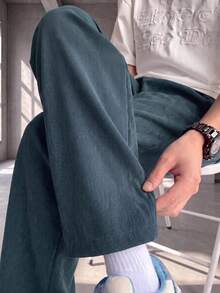 GRDR Men's Casual Corduroy Wide Leg Long Pants With Elastic Waist And Drawstring, Loose Fit With Drape And Relaxed Style - Dusty Blue - View 2