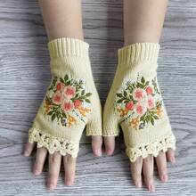 1雙女款秋冬復古風保暖手工鉤編刺繡花卉半指針織手套 - 米色 - 查看 2