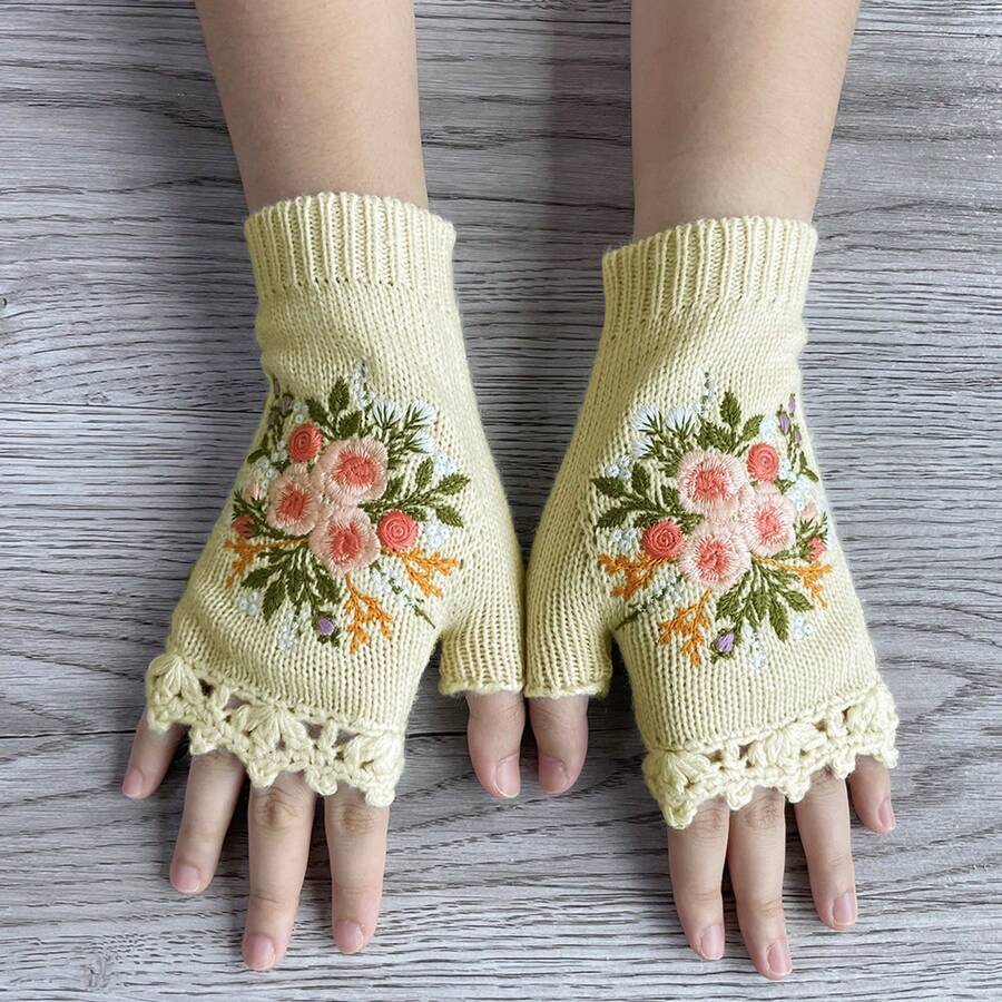 1雙女款秋冬復古風保暖手工鉤編刺繡花卉半指針織手套