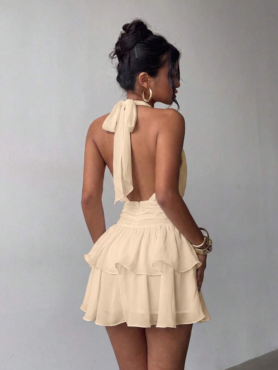 Elegante Vestido Mini de Moda con Cuello Halter, Espalda Descubierta y Volantes en Capas para Boda - Amarillo - Ver 1
