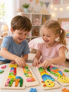 幼儿木制拼图玩具，动物造型3D拼图，木制恐龙、毛毛虫、长颈鹿、鳄鱼拼图，训练精细动作技能和逻辑思维能力 - 彩色 - 查看 2