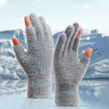 1 Pair Fashionable Warm Dew Two-Finger Gloves, Student Writing Gloves, Thickened Fleece Cold-Proof Gloves - Multicolor - View 7
