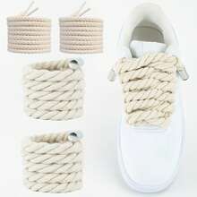 2 Pairs Round 8mm/5mm Solid Color Handmade Braided Rope Thick Sole Sneakers Chunky Sneakers - 10mm + 5mm Beige Cotton Rope With Silver Metal Tip - View 3