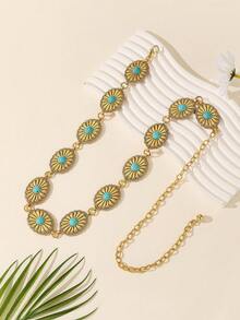 Hypoallergenic Adjustable Short Turquoise Waist Chain, Paired With Cami Top And Suede Denim Skirt - Gold - View 2