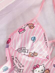 SANRIO 两件套女士Hello Kitty睡衣套装，粉白条纹，露背开衩，字母爱心印花，波点，V领，蕾丝拼接，短款睡衣，可爱睡衣套装，甜美家居服套装 - 粉色 - 查看 8