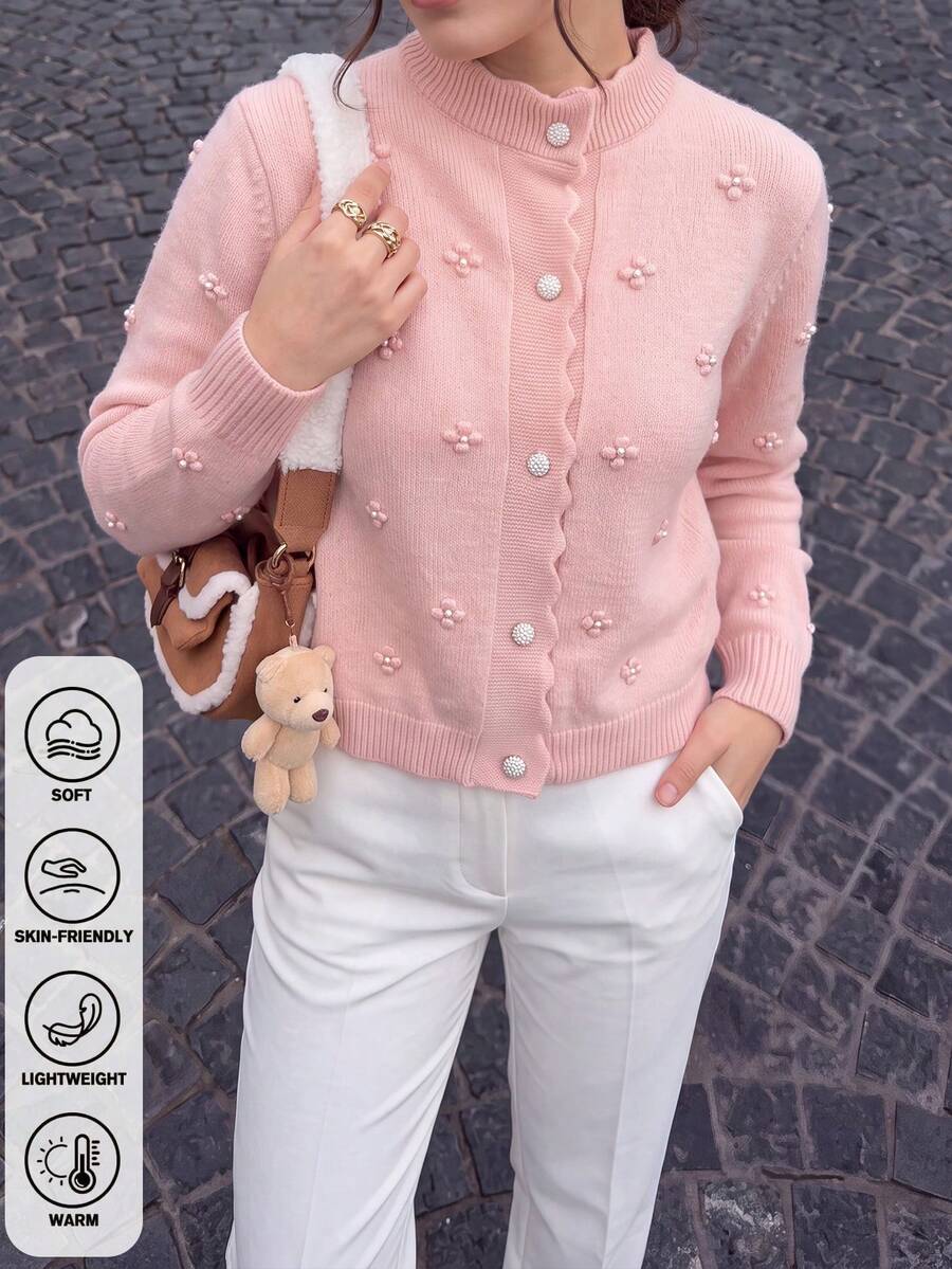 Fall Winter Women 3D Flower Knit Cardigan Xmas New Year Button Casual Long Sleeve Outerwear - Pink - View 1