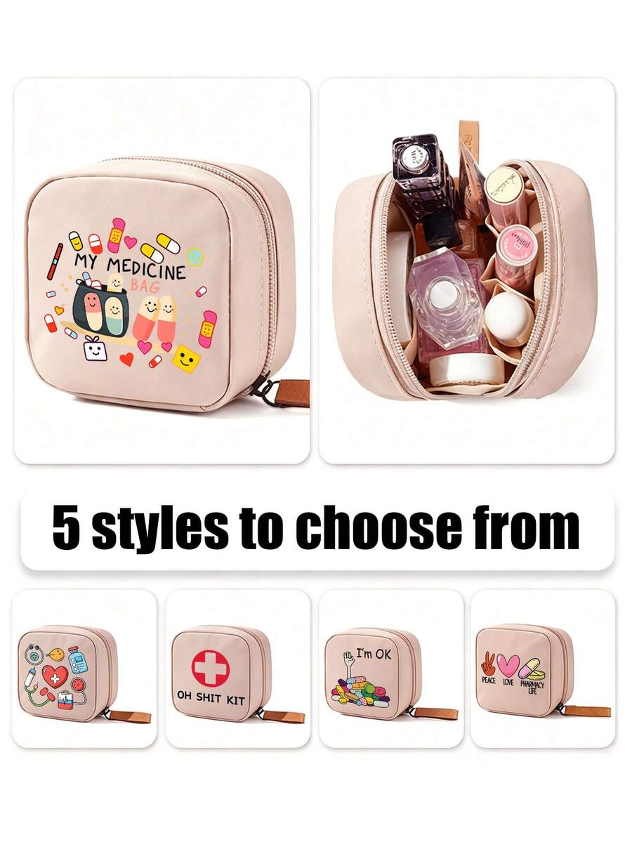 Portable Mini Makeup Bag, Accessory Storage Bag, Medicine Bag, Makeup Bag With "Pill" Pattern, Medicine Storage Bag, Compact Pill Organizer And First Aid Kit Suitable For Daily Use, Outdoor Activities, Dorm Portable Medicine Storage | Multi-Functional Fabric Emergency Kit, Suitable For Health-Conscious Use Anytime Anywhere, Suitable For Travel, Outdoor Activities, Birthday Gifts, Holiday Souvenirs, Back To School Gifts, Graduation Gifts - Multicolor - View 1