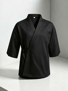 男士素色和服襯衫 日式廚師工作服 壽司店居酒屋小餐館 3/4袖和服工作制服 - 黑色 - 查看 1