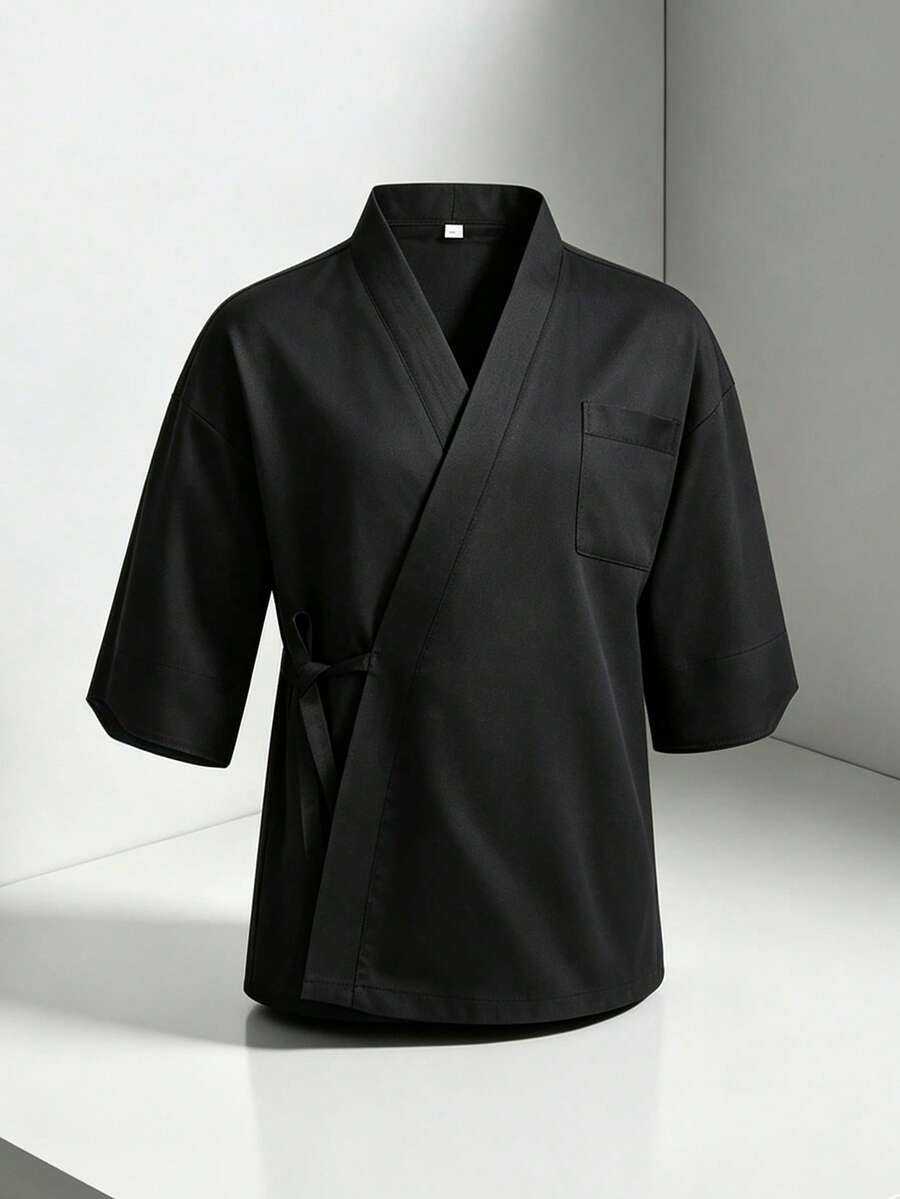 男士素色和服襯衫 日式廚師工作服 壽司店居酒屋小餐館 3/4袖和服工作制服 - 黑色 - 查看 1